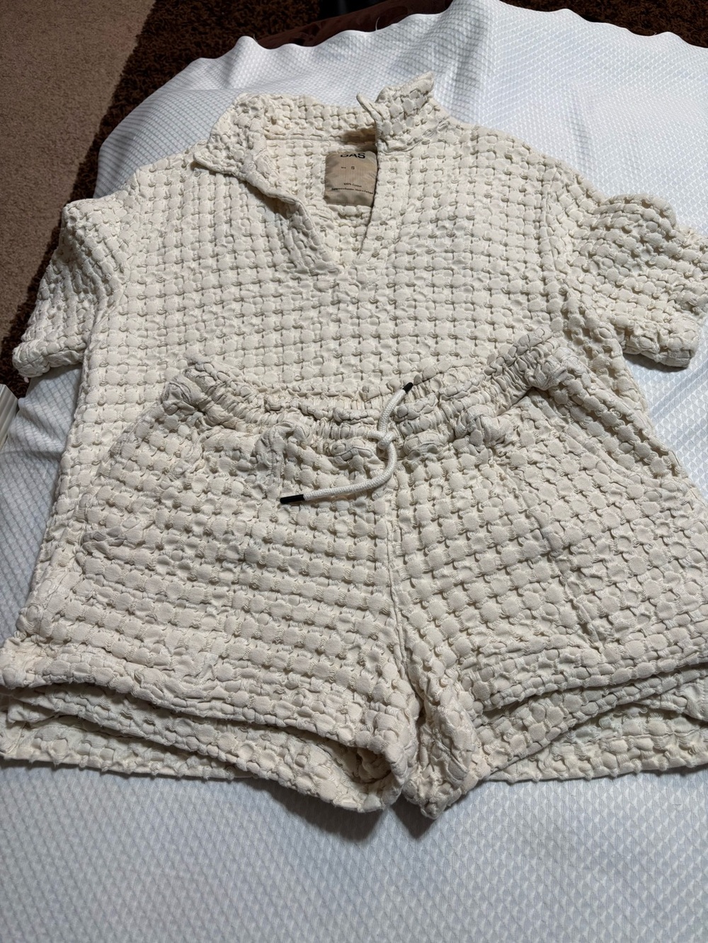 OAS ecru Cream Waffle-Knit Drawstring Athletic Shorts